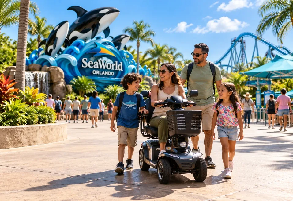Family exploring SeaWorld Orlando with a rented mobility scooter.